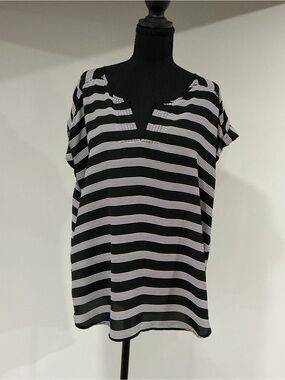 Striped Black & White V-Neck Swim Cover-Up Tunic